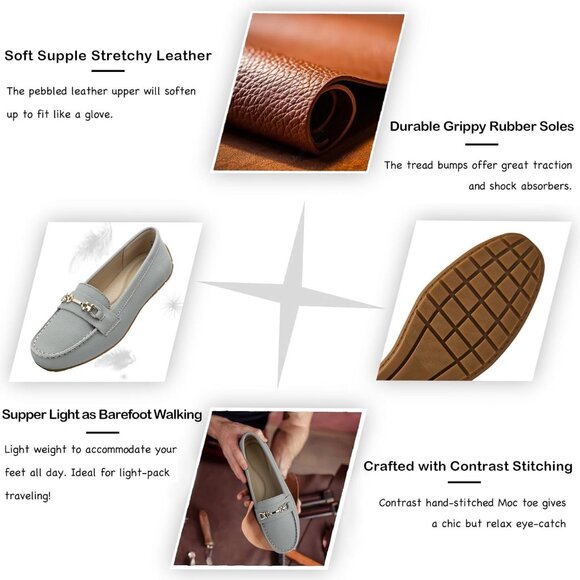 Kordal Women's Light Grey Leather Gold Accent Buckle Slip-Ons Walking Loafers - Picture 3 of 9